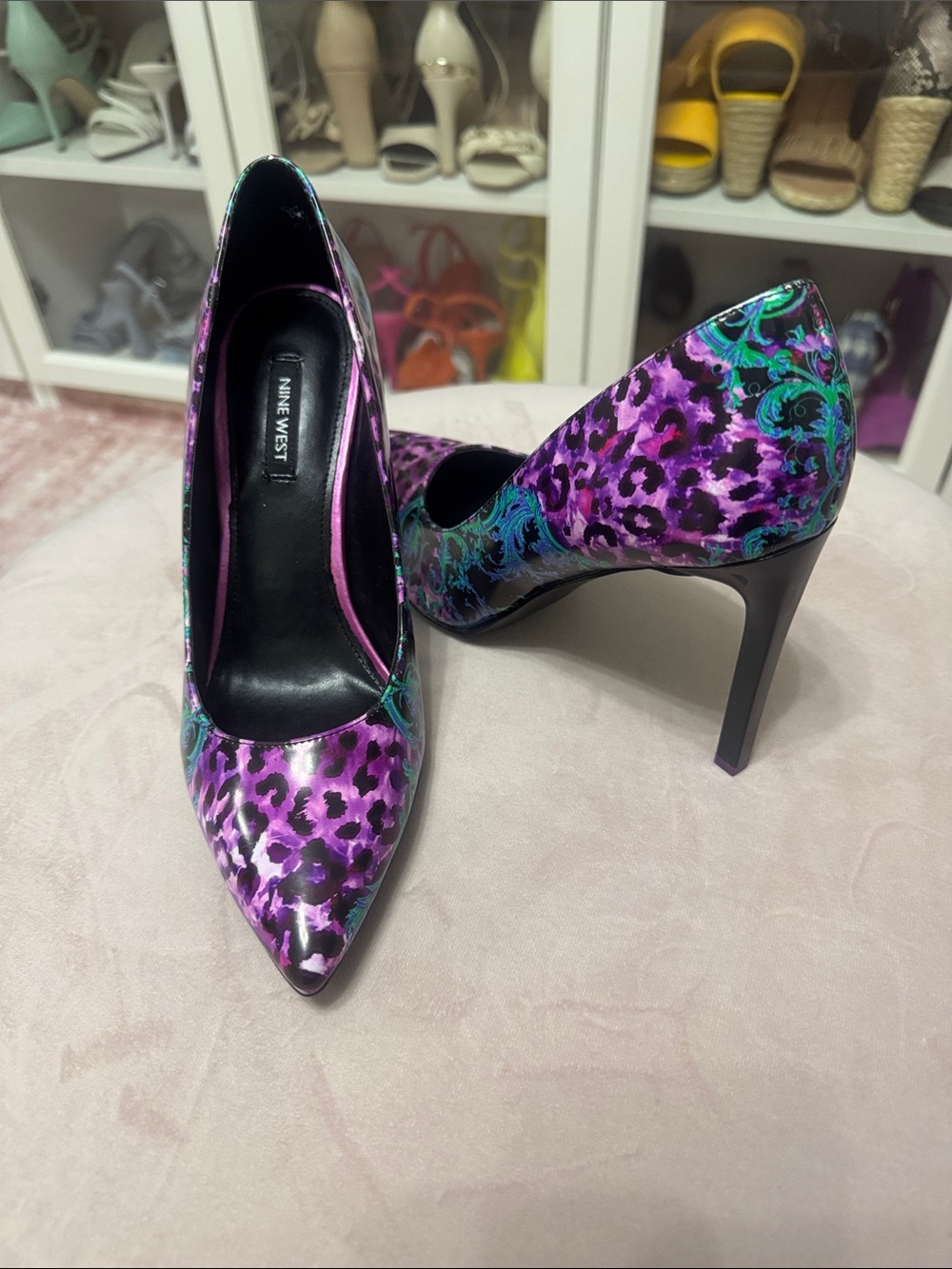 Nine West Purple & Teal Leopard Print Pointed Pumps